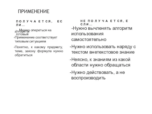 ПРИМЕНЕНИЕ алгоритм Применение соответствует типовым ситуациям Понятно, к какому предмету,