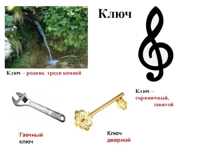 Ключ – родник среди камней Ключ – скрипичный, завитой Гаечный ключ Ключ дверной Ключ