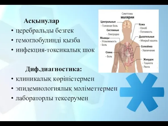 Асқынулар церебральды безгек гемоглобулинді қызба инфекция-токсикалық шок Диф.диагностика: клиникалық көріністермен эпидемиологиялық мәліметтермен лабораторлы тексерумен