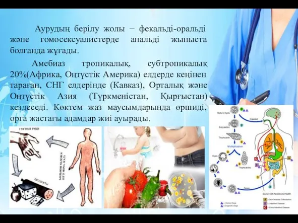 Аурудың берілу жолы − фекальді-оральді және гомосексуалистерде анальді жыныста болғанда жұғады. Амебиаз тропикалық,