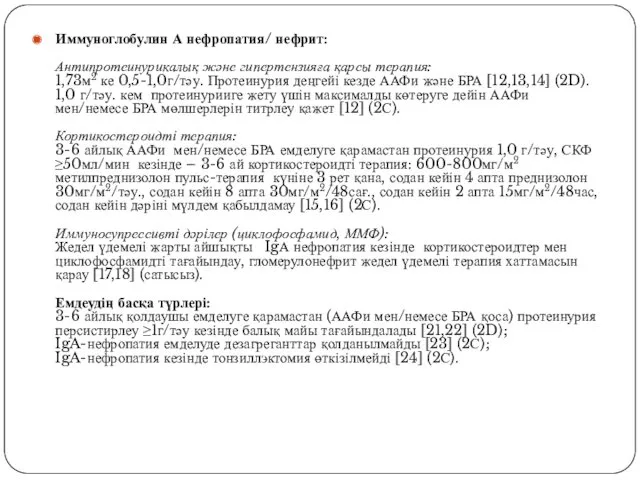 Иммуноглобулин А нефропатия/ нефрит: Антипротеинурикалық және гипертензияға қарсы терапия: 1,73м2