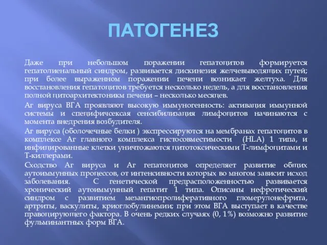 ПАТОГЕНЕЗ Даже при небольшом поражении гепатоцитов формируется гепатолиенальный синдром, развивается