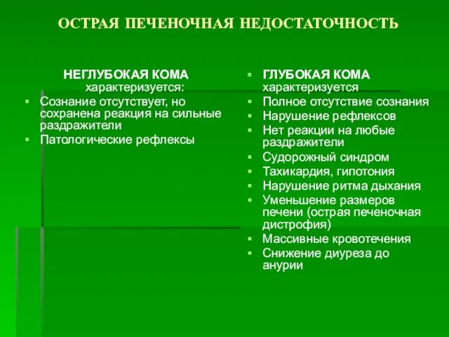 ОСТРАЯ ПЕЧЕНОЧНАЯ НЕДОСТАТОЧНОСТЬ НЕГЛУБОКАЯ КОМА характеризуется: Сознание отсутствует, но сохранена