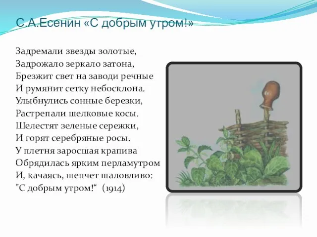 С.А.Есенин «С добрым утром!» Задремали звезды золотые, Задрожало зеркало затона, Брезжит свет на