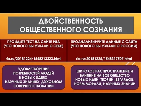 ДВОЙСТВЕННОСТЬ ОБЩЕСТВЕННОГО СОЗНАНИЯ УДОВЛЕТВОРЕНИЕ ПОТРЕБНОСТЕЙ ЛЮДЕЙ В НОВЫХ ИДЕЯХ, НАУЧНЫХ ЗНАНИЯХ, ДУХОВНОМ СОВЕРШЕНСТВОВАНИИ