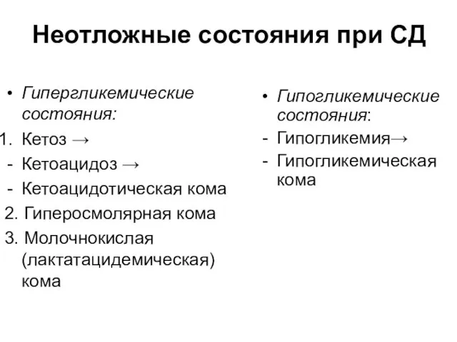 Неотложные состояния при СД Гипергликемические состояния: Кетоз → Кетоацидоз →