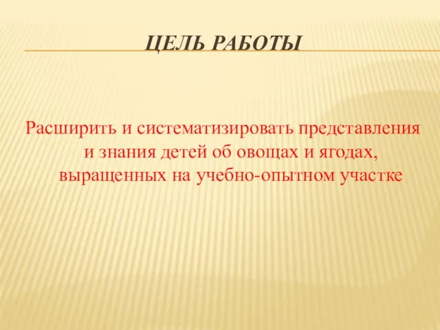 ЦЕЛЬ РАБОТЫ Расширить и систематизировать представления и знания детей об