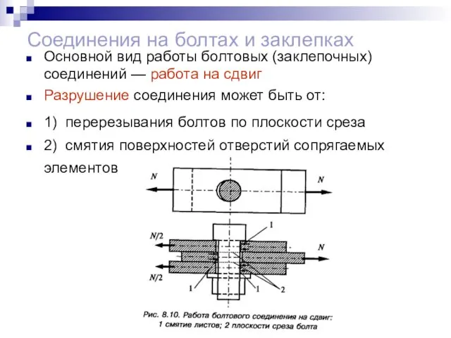 Соединения на болтах и заклепках Основной вид работы болтовых (заклепочных)