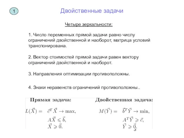 Четыре зеркальности: 1. Число переменных прямой задачи равно числу ограничений