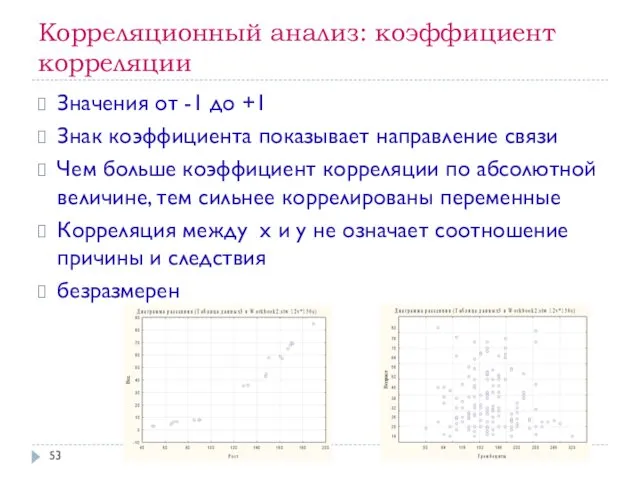 Корреляционный анализ: коэффициент корреляции Значения от -1 до +1 Знак