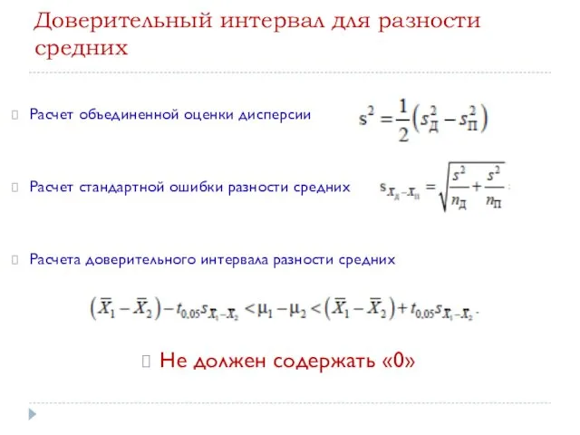 Доверительный интервал для разности средних Расчет объединенной оценки дисперсии Расчет