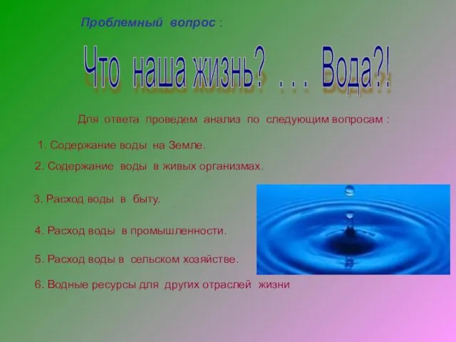 Проблемный вопрос : Что наша жизнь? . . . Вода?! Для ответа проведем