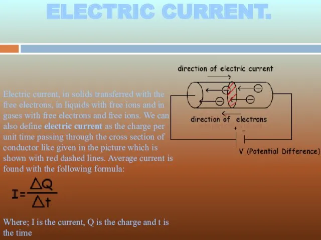 ELECTRIC CURRENT. ELECTRIC CURRENT. Electric current, in solids transferred with