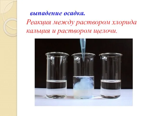 Реакция между раствором хлорида кальция и раствором щелочи. выпадение осадка.