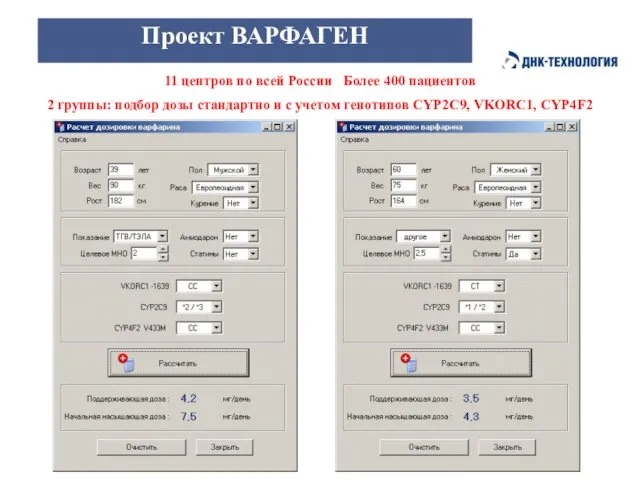 Проект ВАРФАГЕН 11 центров по всей России Более 400 пациентов 2 группы: подбор