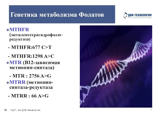 ПЦР - это ДНК-Технология * Генетика метаболизма Фолатов MTHFR (метилентетрагидрофолат-редуктаза) - MTHFR:677 C>T