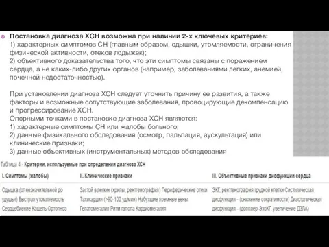 Постановка диагноза ХСН возможна при наличии 2-х ключевых критериев: 1)