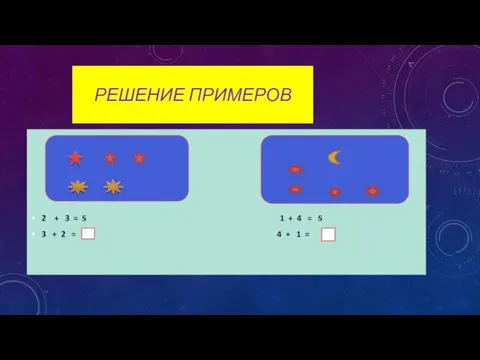 РЕШЕНИЕ ПРИМЕРОВ 2 + 3 = 5 1 + 4