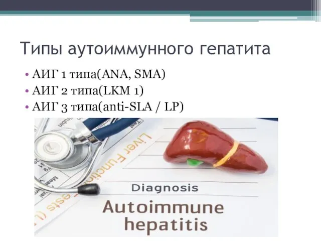 Типы аутоиммунного гепатита АИГ 1 типа(ANA, SMA) АИГ 2 типа(LKM 1) АИГ 3 типа(anti-SLA / LP)