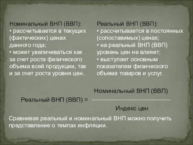 Номинальный ВНП (ВВП): • рассчитывается в текущих (фактических) ценах данного