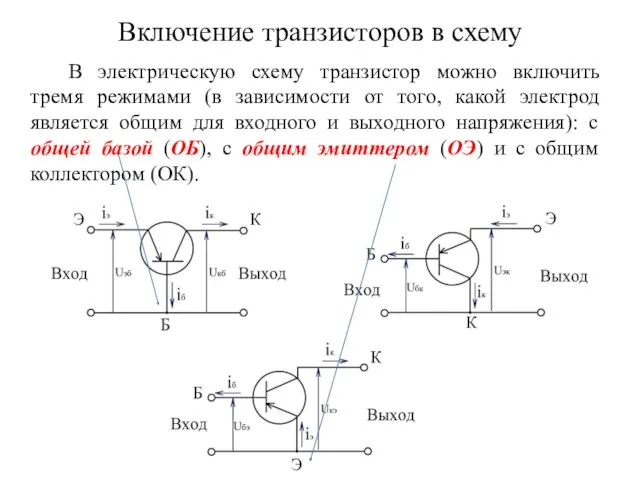 В электрическую схему транзистор можно включить тремя режимами (в зависимости от того, какой