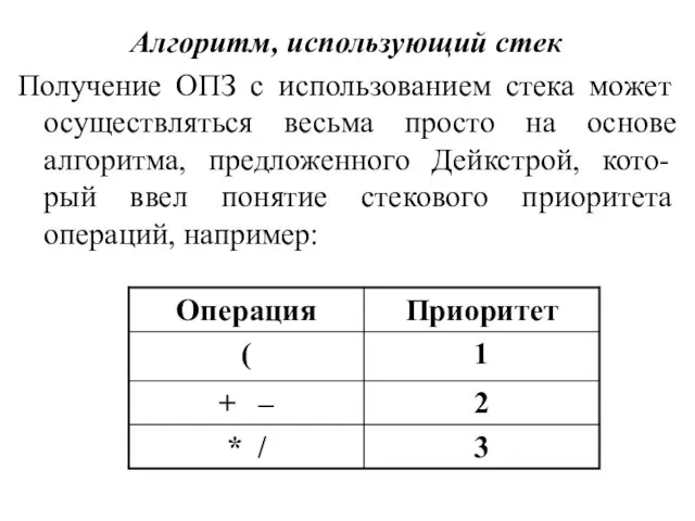 Алгоритм, использующий стек Получение ОПЗ с использованием стека может осуществляться