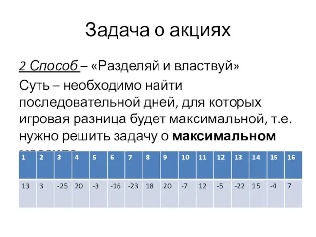 Задача о акциях 2 Способ – «Разделяй и властвуй» Суть – необходимо найти