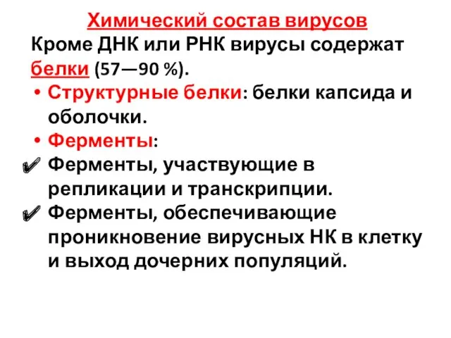 Химический состав вирусов Кроме ДНК или РНК вирусы содержат белки