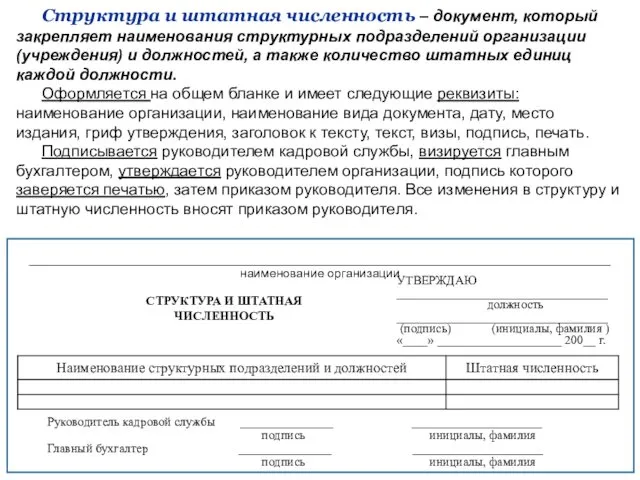 Структура и штатная численность – документ, который закрепляет наименования структурных