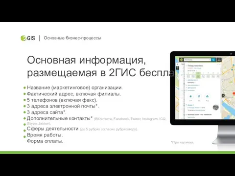 Основная информация, размещаемая в 2ГИС бесплатно Название (маркетинговое) организации. Фактический адрес, включая филиалы.