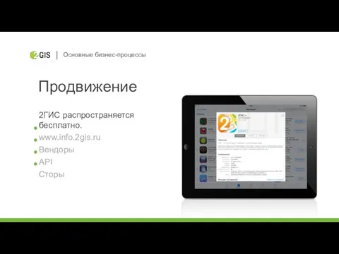 Основные бизнес-процессы Продвижение 2ГИС распространяется бесплатно. www.info.2gis.ru Вендоры API Сторы