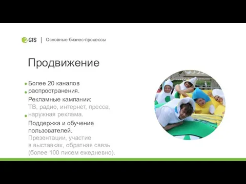 Основные бизнес-процессы Продвижение Более 20 каналов распространения. Рекламные кампании: ТВ, радио, интернет, пресса,