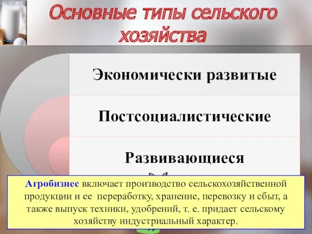 Основные типы сельского хозяйства Агробизнес включает производство сельскохозяйственной продукции и