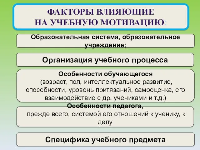 ФАКТОРЫ ВЛИЯЮЩИЕ НА УЧЕБНУЮ МОТИВАЦИЮ: Образовательная система, образовательное учреждение; Организация