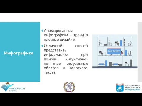 Инфографика Анимированная инфографика – тренд в плоском дизайне. Отличный способ