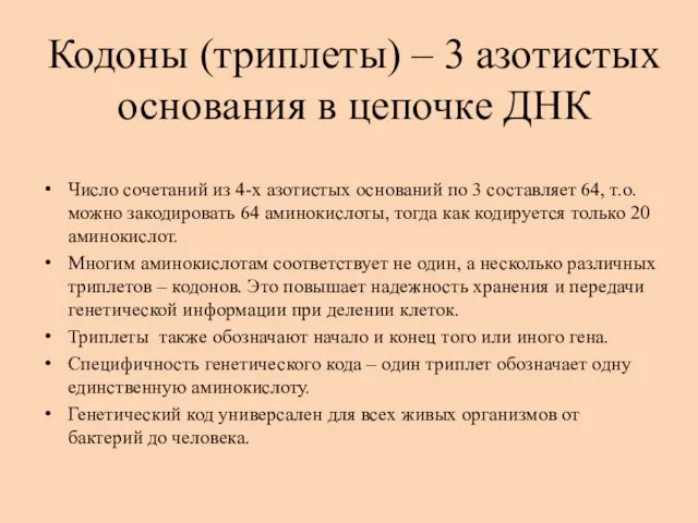 Кодоны (триплеты) – 3 азотистых основания в цепочке ДНК Число