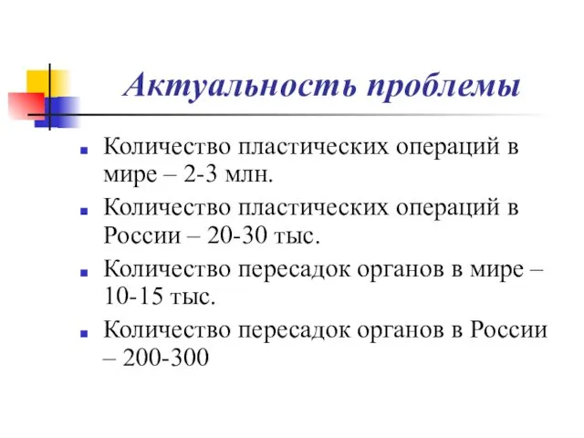 Актуальность проблемы Количество пластических операций в мире – 2-3 млн.