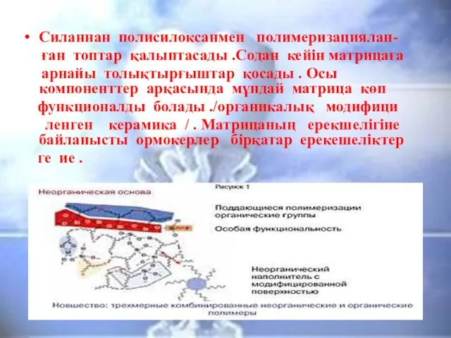 Силаннан полисилоксанмен полимеризациялан- ған топтар қалыптасады .Содан кейін матрицаға арнайы