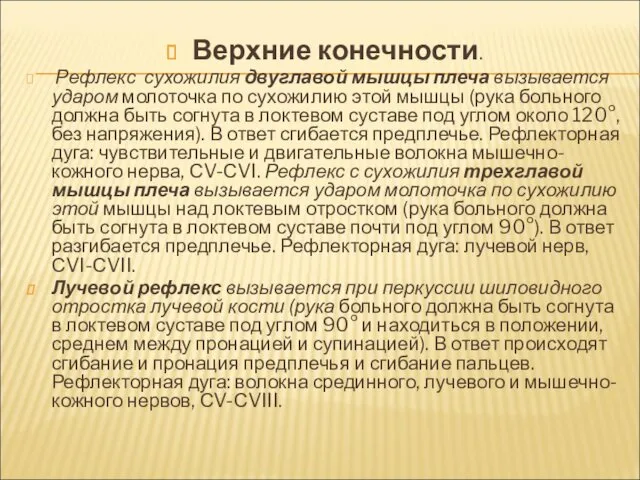 Верхние конечности. Рефлекс сухожилия двуглавой мышцы плеча вызывается ударом молоточка