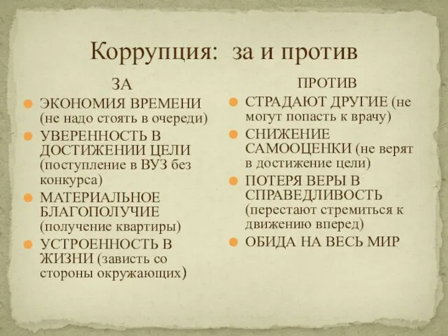 Коррупция: за и против ЗА ЭКОНОМИЯ ВРЕМЕНИ (не надо стоять