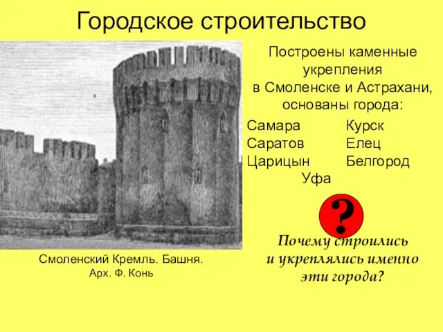 Городское строительство Построены каменные укрепления в Смоленске и Астрахани, основаны