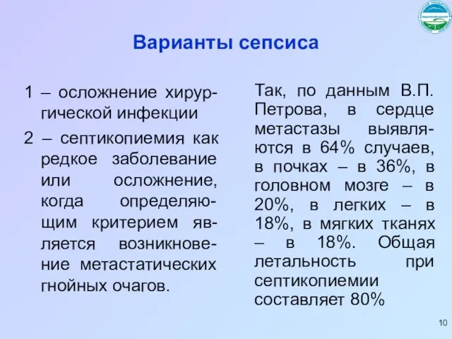 Варианты сепсиса 1 – осложнение хирур-гической инфекции 2 – септикопиемия