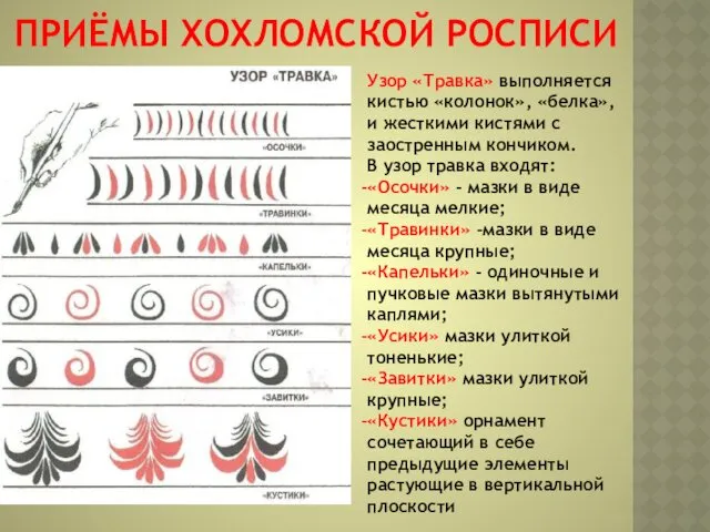 ПРИЁМЫ ХОХЛОМСКОЙ РОСПИСИ Узор «Травка» выполняется кистью «колонок», «белка», и