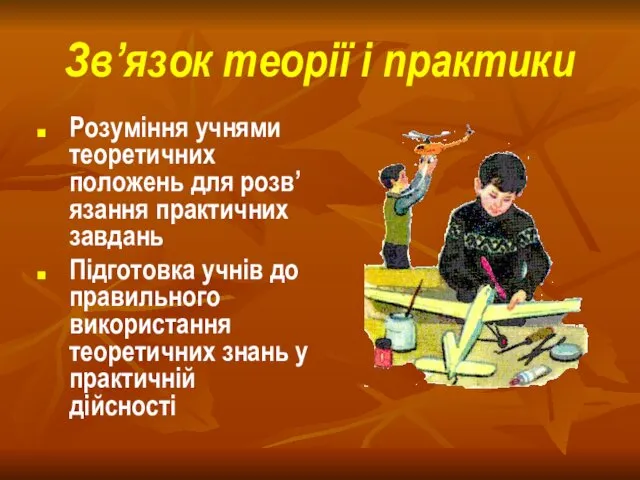 Зв’язок теорії і практики Розуміння учнями теоретичних положень для розв’язання