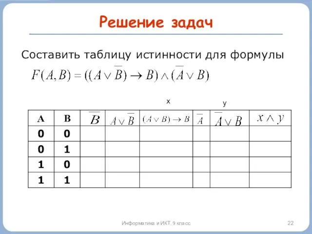 Решение задач x y Составить таблицу истинности для формулы Информатика и ИКТ. 9 класс
