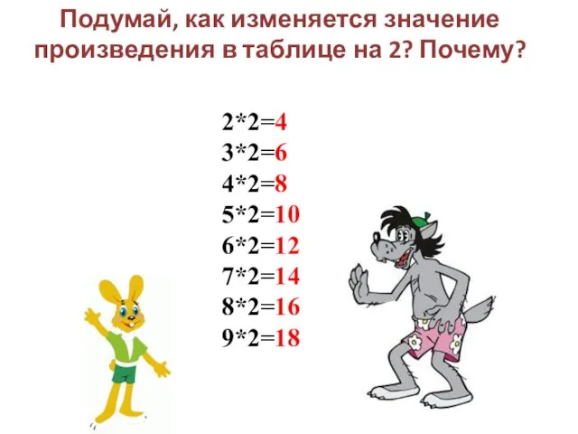 Подумай, как изменяется значение произведения в таблице на 2? Почему? 2*2=4 3*2=6 4*2=8