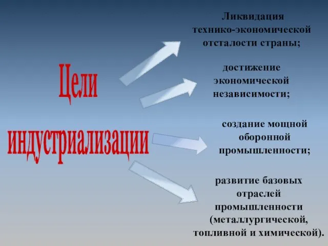 Ликвидация технико-экономической отсталости страны; достижение экономической независимости; создание мощной оборонной промышленности; развитие базовых