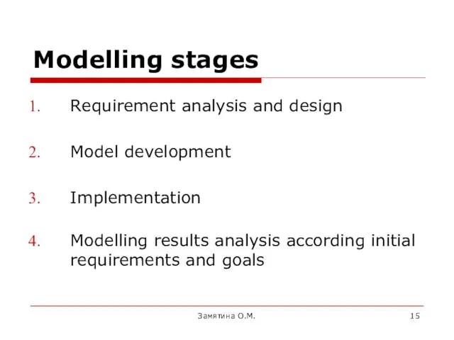 Замятина О.М. Modelling stages Requirement analysis and design Model development Implementation Modelling results