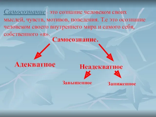 Самосознание. Адекватное Неадекватное Завышенное Заниженное Самосознание – это сознание человеком