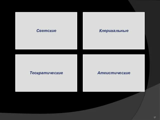 Светские Клерикальные Теократические Атеистические